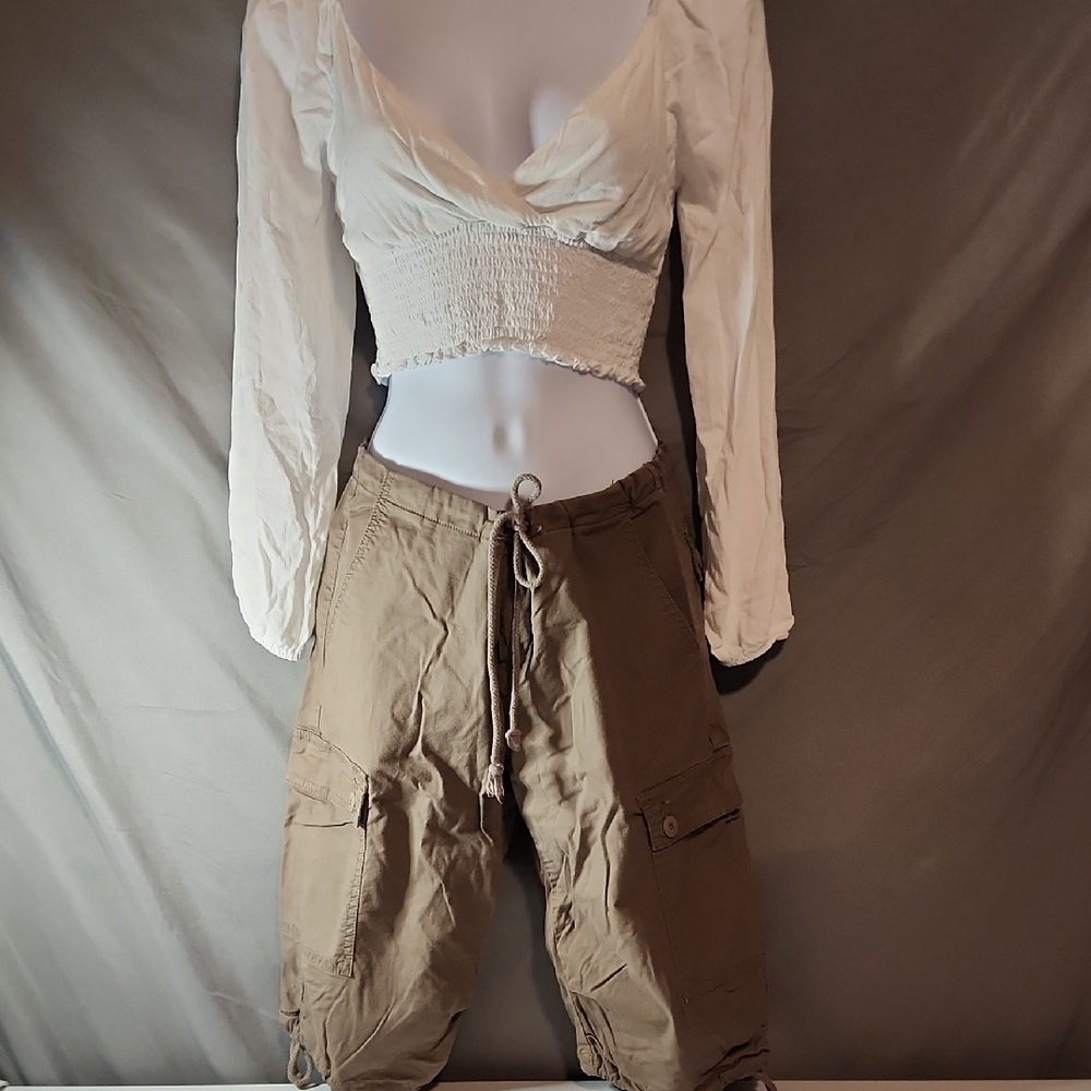 White Long Sleeve Top and Tan Cargo Pants